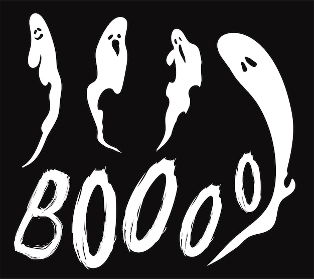 Set mit gestreckten Geistersilhouetten mit lustigen Gesten und handgezeichnetem Boo-Zeichen auf dunklem Hintergrund