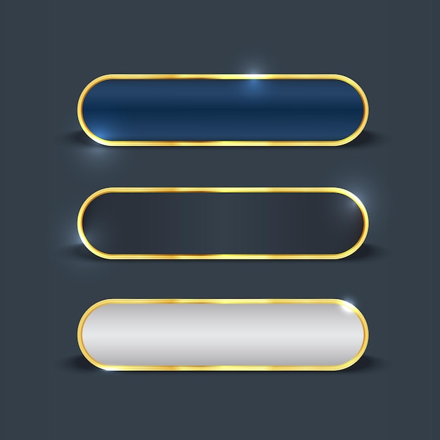 Set mit goldgerahmten Knöpfen. Goldener Web-Button mit verschiedenen Verlaufsstilen mit Rahmen und Lichteffekt