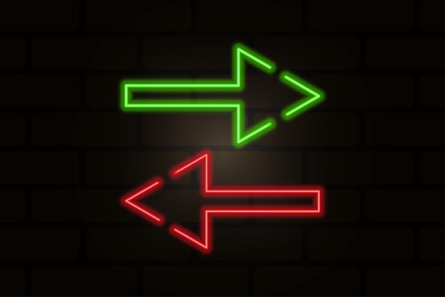 Set mit grün-roten Neonpfeilen. Neonfarbe, schwarzer Hintergrund. Vektor-Illustration. Bild einer Bildagentur. ENV