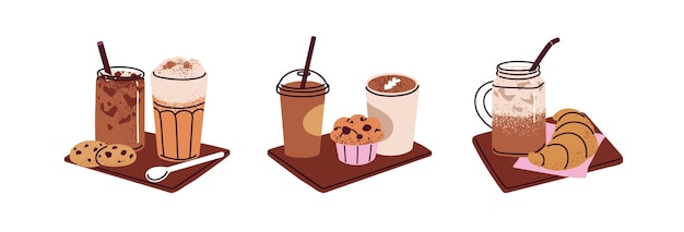 Vektor set mit heißen und kalten kaffeedeserts kaffeegetränken cappuccino in glas mit strohbecher mit bäckerei croissant kekse cupcake muffin flache grafische vektorillustrationen isoliert auf weißem hintergrund