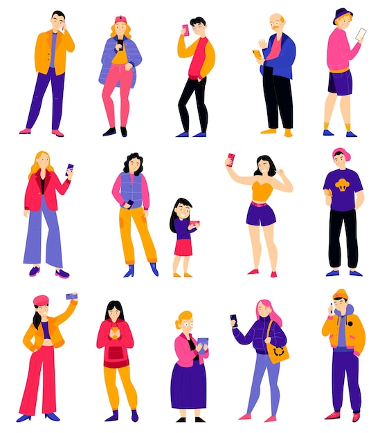 Set mit isolierten Menschen Smartphones Farbsymbole mit menschlichen Charakteren im Doodle-Stil, die Telefone halten, die Selfies-Vektorillustration machen
