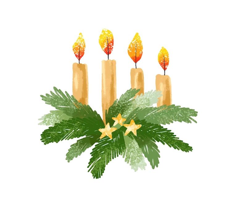 Vektor set mit kerzen und immergrünen weihnachtsbaumzweigen