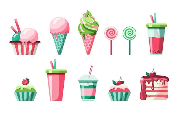 Set mit köstlichen süßen desserts eiskuchen milchshake lollypop isolierte vektorillustration