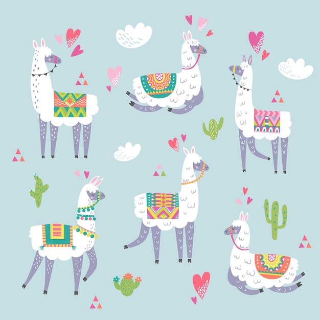 Set mit Lama, Kaktus, Regenbogen und handgezeichneten Elementen.