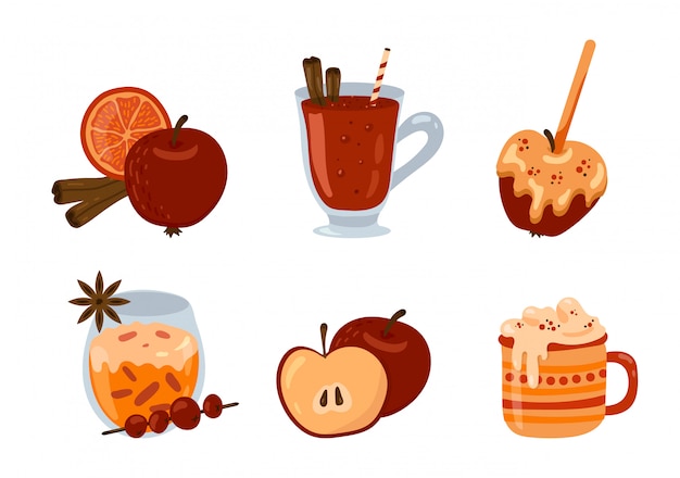 Vektor set mit saisonalen herbst- und wintergetränken, desserts und gebäck. glühwein, heiße schokolade, apfel in karamell, gewürze. clipart-set.