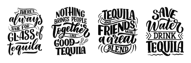 Set mit schriftzug zitate über tequila im vintage-stil.