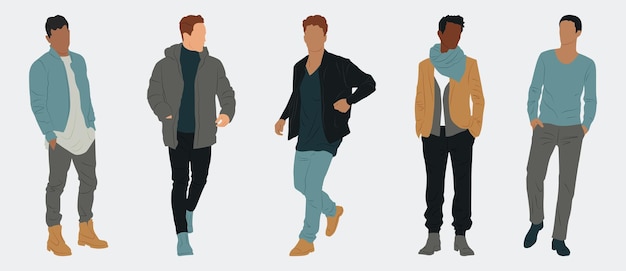 Set mit stilvollen Männern in verschiedenen Kleidern im minimalistischen Stil Urban Style Vector Illustration