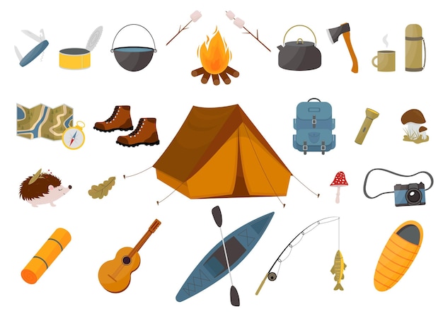 Set mit touristischer Ausrüstung, Zelt, Rucksack, Schlafsack, Angelrute, Kajak, Camping und Wandern