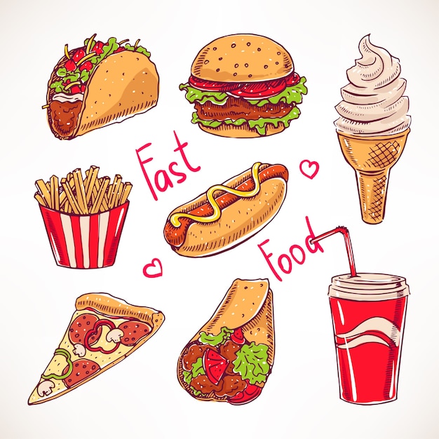 Set mit verschiedenen fast food. hot dog, hamburger, pizzastück. handgezeichnete illustration