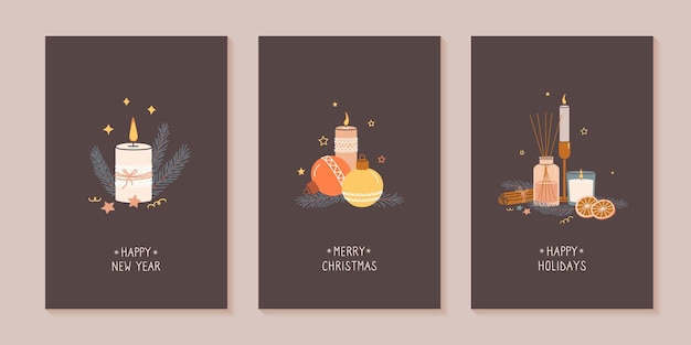 Set mit verschiedenen weihnachtskarten-vorlagen weihnachtsbaumschmuck kerzen aromazubehör