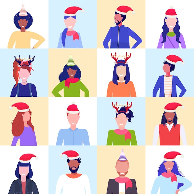 Set mix race menschen tragen weihnachtsmützen und hörner profil ikone neujahr weihnachten feiertag set männer frauen avatar porträt männlich weiblich gesichter sammlung