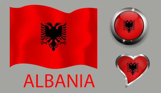 Set nation albanien flagge glänzend schaltfläche herz