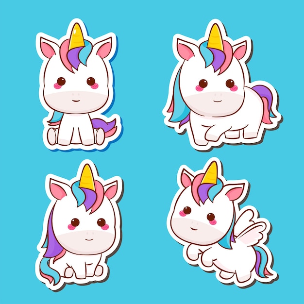 Set netter einhorn-aufkleber. sammlung von kawaii-einhorn-zeichentrickfiguren. tierischer flacher cartoon-stil.