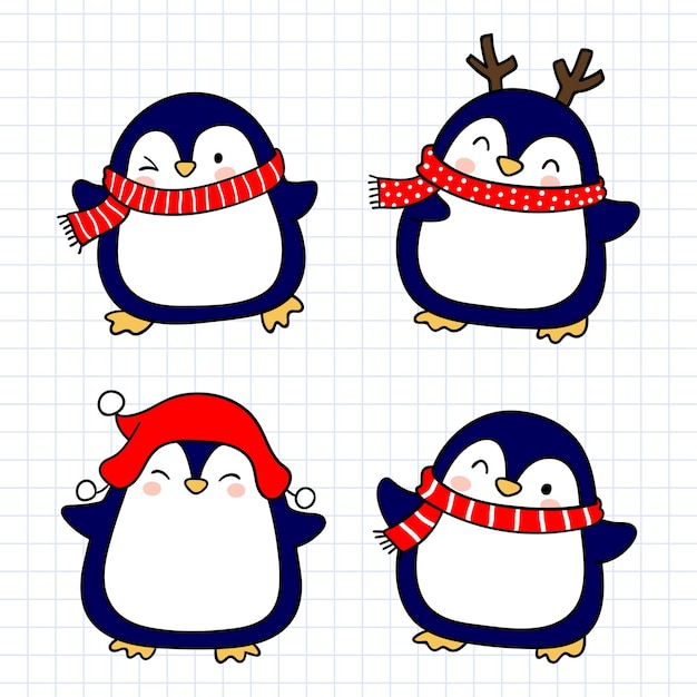 Set niedlicher Pinguine Weihnachten und Neujahr Vektorillustration