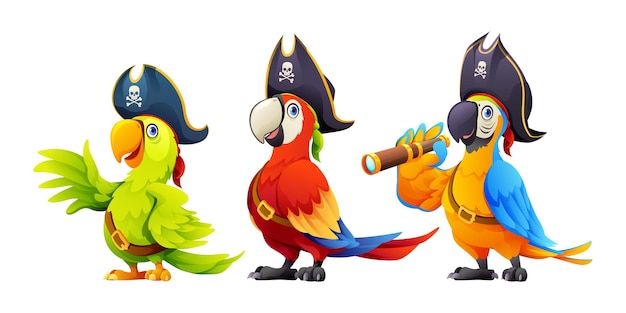 Set niedlicher piratenvögel-cartoon-illustration isoliert auf weißem hintergrund