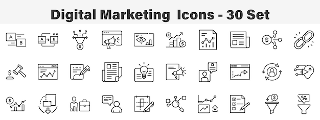 Set of 30 outline Digital Marketing Icons Line art icon collection Editable stroke Vector
