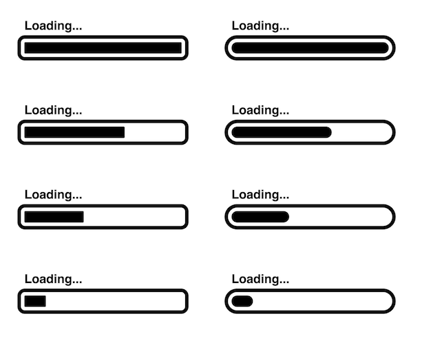 Set of black loading bar icons showing different progress levels and rounded shapes on white background modern minimal vector design for web or UI interface projects