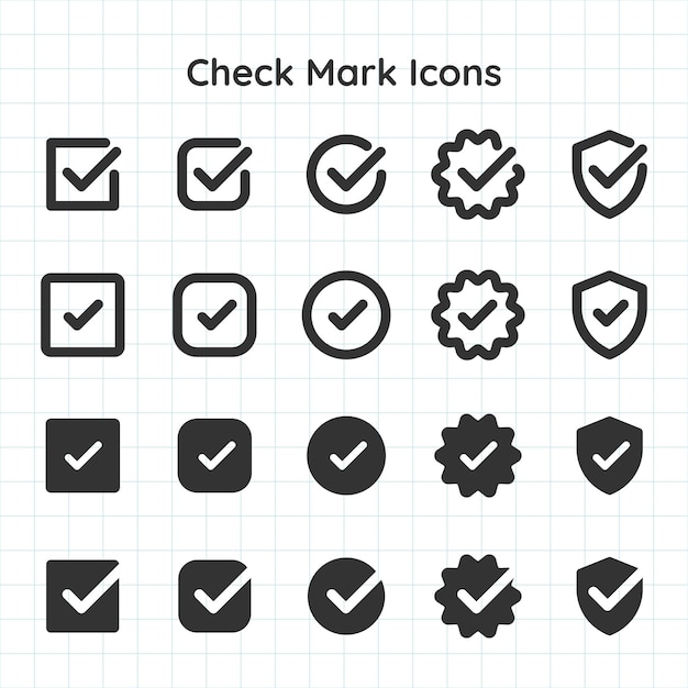 Set of check mark icons in various styles Includes check marks in circles squares and shields Simple and bold check mark designs for versatile use Vector element set