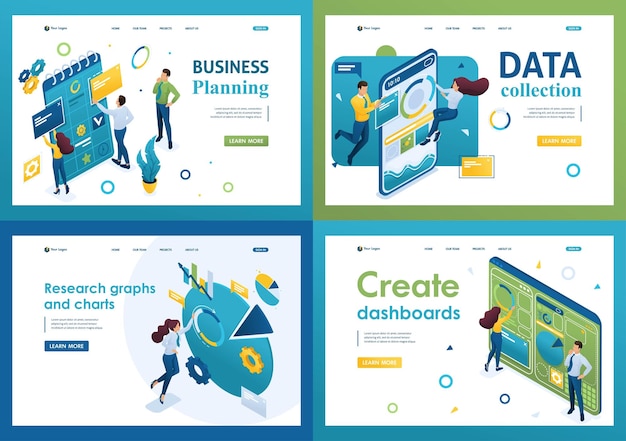Set of isometric conceptsBusiness planning Datensammlung erstellen Sie ein Dashboard für die Landungsseite