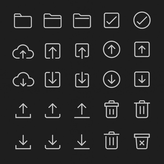 Set of minimalist icons upload download folder trash Simple upload and download symbols Folder and trash icons in clean minimalist style User interface icons UI icon vector set