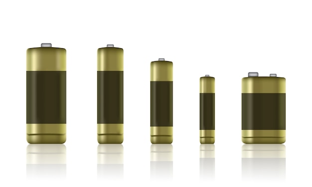 Set realistische Alkalibatterien. Batterietyp. Größe - AA-, AAA-, PP3-Batterien usw. - Lagervektor.