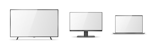 Set realistischer Gerätemodelle. Computer, Laptop, Monitor und TV-LCD auf weißem Hintergrund. Moderne elektronische Gadget- und Monitorvorlagen. Vektor-Illustration