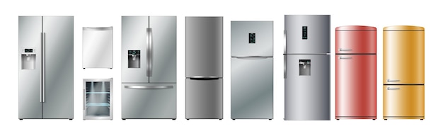 Set realistischer kühlschränke unterschiedlicher größe, stil und farbe. 3d-kühlschrank-kollektion. haushaltskühlschränke für die produkt- und lebensmittelaufbewahrung. vektor-illustration