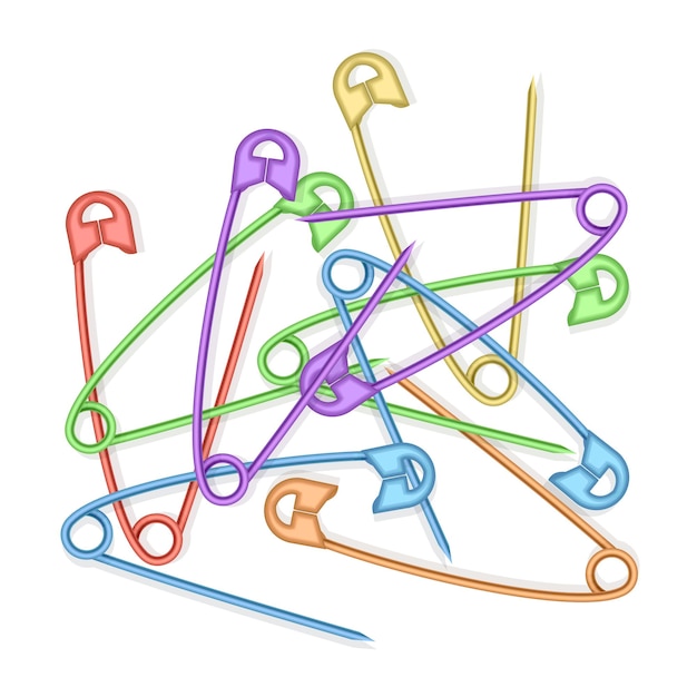 Vektor set realistischer sicherheitsnadeln für kleidung sicherheitsnadeln in regenbogenfarben isoliert auf weiß