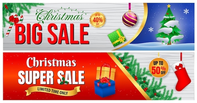Set realistischer weihnachtsplakatverkauf oder weihnachtsbannerrabatt oder weihnachtswerbung