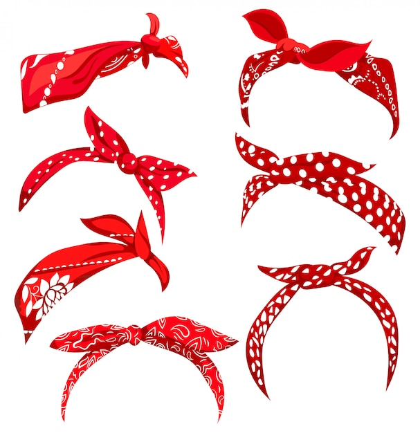 Set retro stirnband für frau. sammlung von roten bandanas für frisuren.