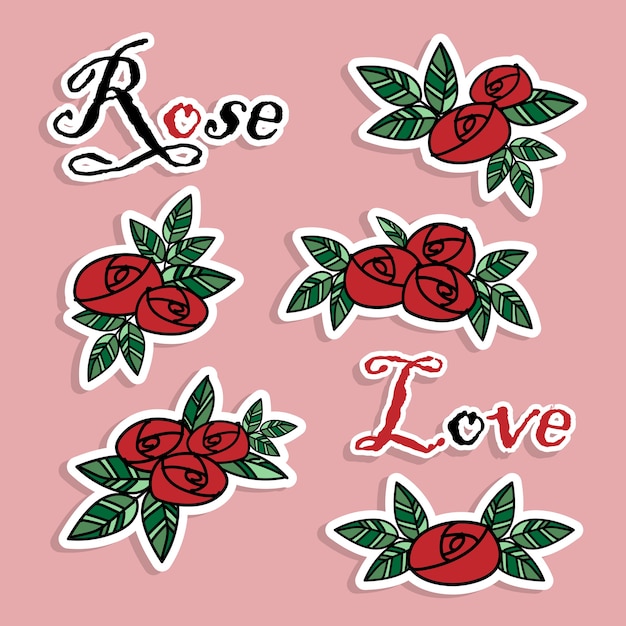 Set rote rose. sammlung für papieraufkleber und valentinsgrußgruß.