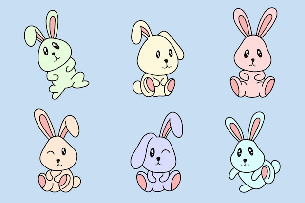 Set-sammlung cute rabbit bunny pose gesicht ohren flat art animals doodles