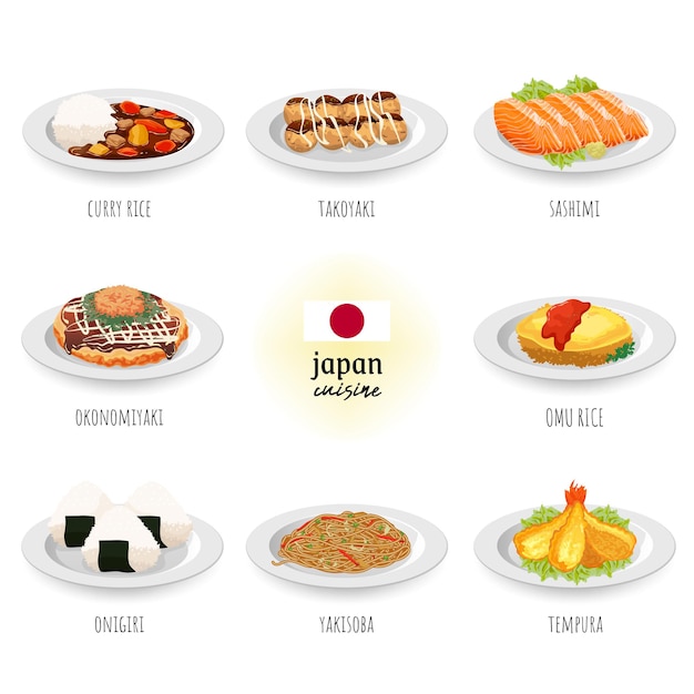 Vektor set-sammlung der japanischen küche in isoliertem weißem hintergrund. food-konzept-vektor-illustration
