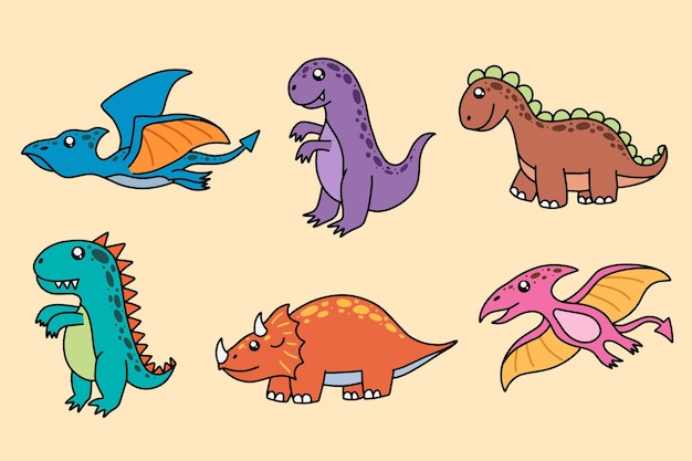 Set-sammlung süße dinosaurier fossile cartoon-doodle-figur handgezeichnete flache linienkunst