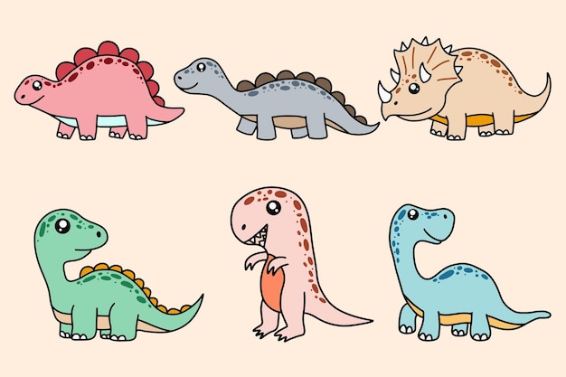 Set-sammlung süße dinosaurier fossile cartoon-doodle-figur handgezeichnete flache linienkunst