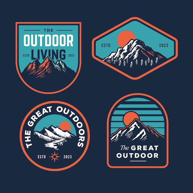 Set-Sammlung von Vintage-Abenteuerabzeichen Camping-Emblem-Logo mit Bergillustrationsdesign