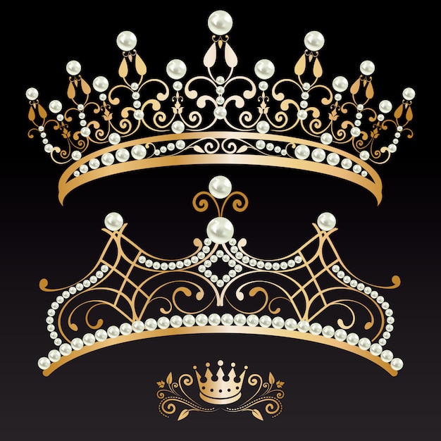 Set Sammlung von zwei goldenen mit Perlen Tiaras und Krone