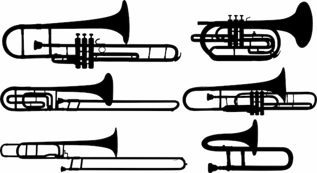 Set-Sammlungen schwarze Trompete Posaune Tuba Silhouette Symbol Vektor für Blechblasinstrumente