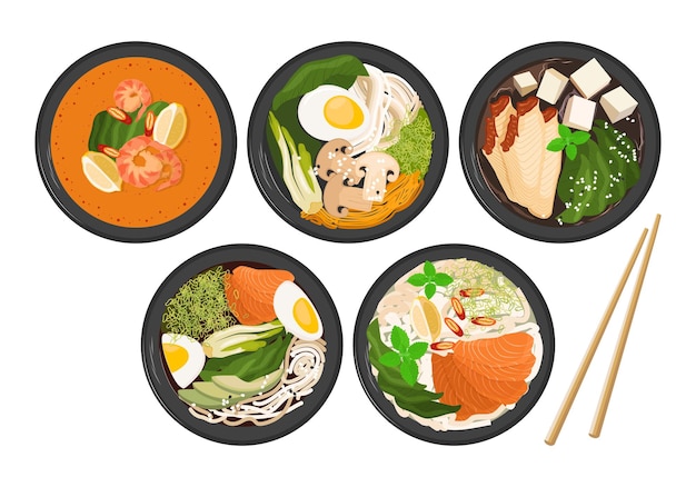 Set Schalen mit Ramen-Nudeln und Fisch