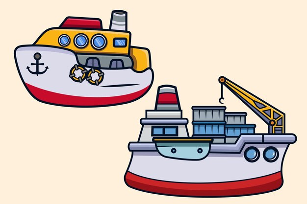 Set schiffstransport von meerwasser farbige vektorillustration für kinder für bildungsbücher