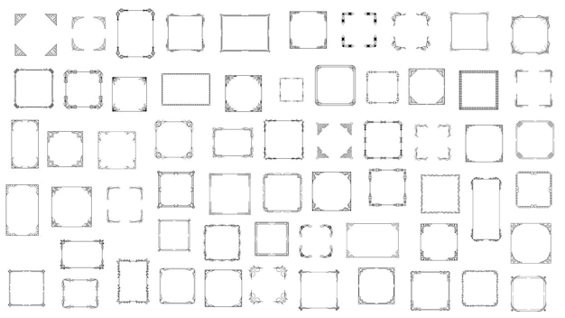 Vektor set schwarz einfache linienrahmen sammlung doodle quadrat blumenrahmen elemente vektordesign-stil