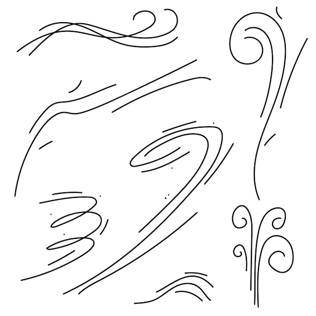 Set Schwarze Sammlung Einfache Linie Winde Böe Squall Curl Doodle Umriss Natur Element Vektordesign