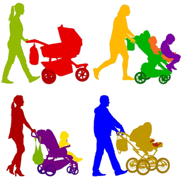 Set schwarze silhouetten familie mit kinderwagen auf weißem hintergrund vektorillustration