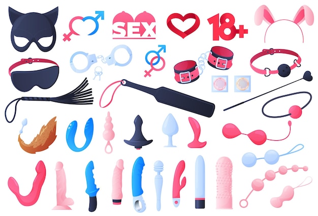 Set sexspielzeug, phallus, analplug, vibrator, handschellen, maske, kondome.