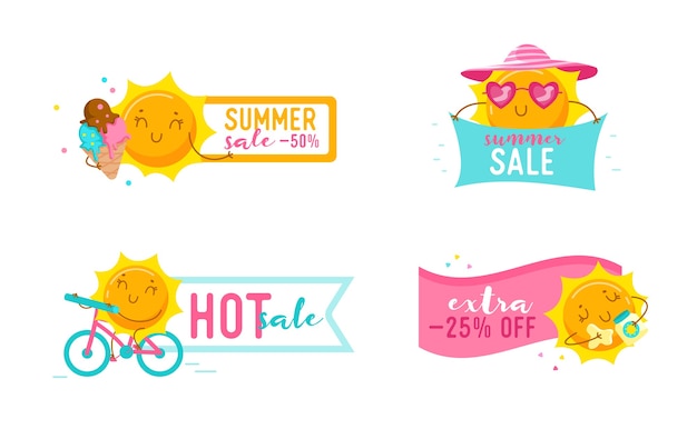 Set sommer sale banner mit niedlichen cartoon sun charakteren