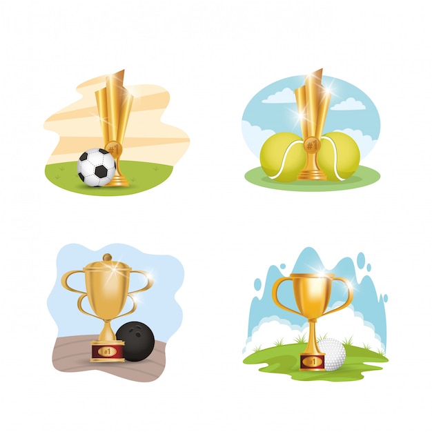 Set Sportausrüstung und Trophäen prämiert Illustrationsdesign