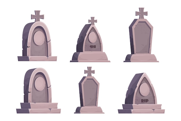 Set Stein Grabdenkmal im Cartoon-Stil isoliert auf weiß