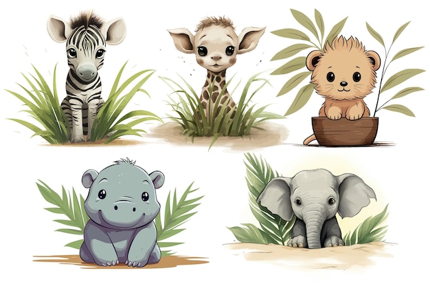 Vektor set süße babys, lustige tiere, elefant, löwe, zebra, nilpferd und giraffe sitzen unter einem palmblatt im aquarell-stil. flache vektorillustrationen isoliert auf weißem hintergrund