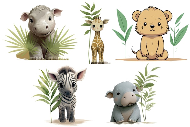 Vektor set süße babys, lustige tiere, löwe, nilpferd, elefant, giraffe, zebra und palmblatt im aquarellstil. flache vektorillustrationen isoliert auf weißem hintergrund