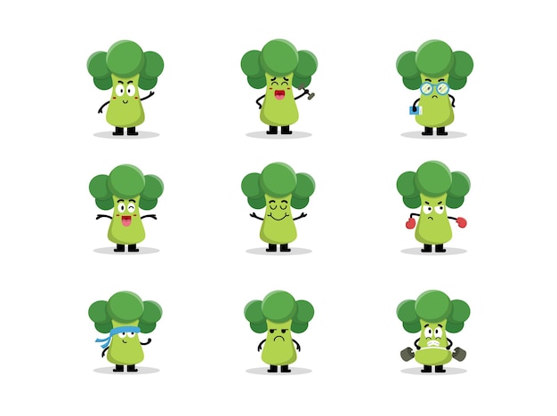 Set süßer brokkoli-charaktere in verschiedenen posen